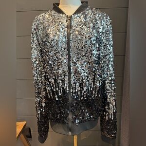 Anna Kaci Black and Silver Sequin Bomber Jacket Large New Year Eve Holiday Party